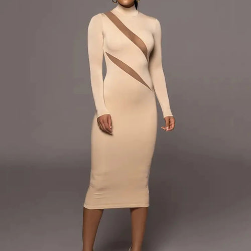 Load image into Gallery viewer, Autumn/Winter Long Sleeve Mesh Patchwork Dress Women's Perspective Bodycon Midi Dress Female Elegant Party Evening Dress
