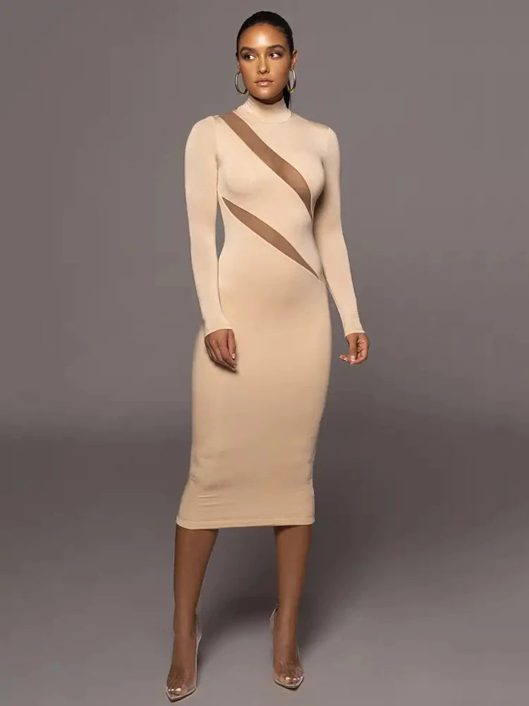 Autumn/Winter Long Sleeve Mesh Patchwork Dress Women's Perspective Bodycon Midi Dress Female Elegant Party Evening Dress