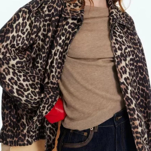 Load image into Gallery viewer, Hit Color Leopard Spliced Zipper Casual Jackets for Women Lapel Long Sleeves Patchwork Pocket Fashion Jacket Female
