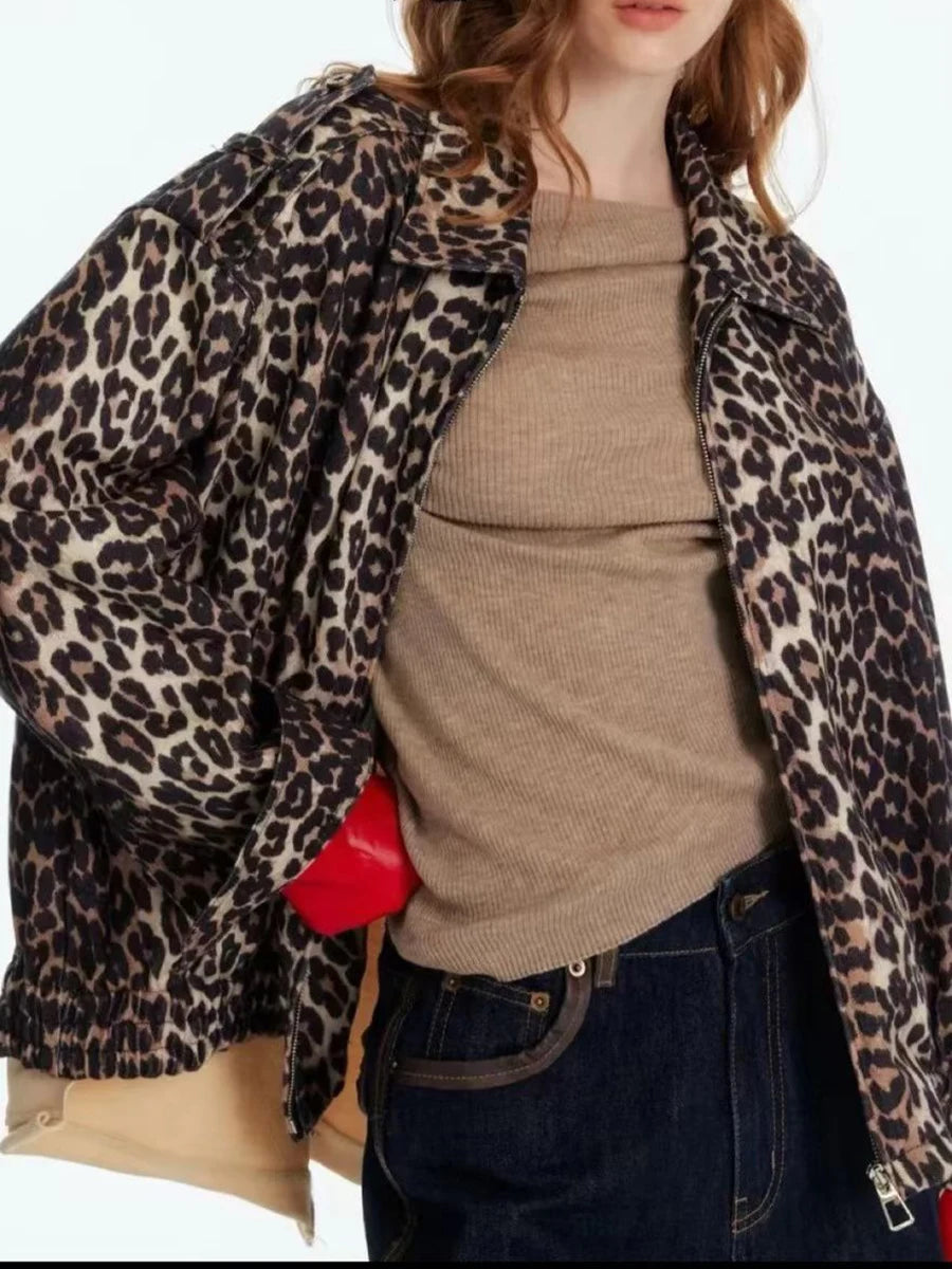 Hit Color Leopard Spliced Zipper Casual Jackets for Women Lapel Long Sleeves Patchwork Pocket Fashion Jacket Female