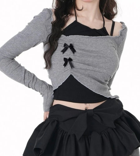 2025 Autumn New Slim Two Pieces Set Women Grunge Knitted Pleated Bow Tops + Sleeveless Halter Solid Vest Y2k Aesthetic Fashion