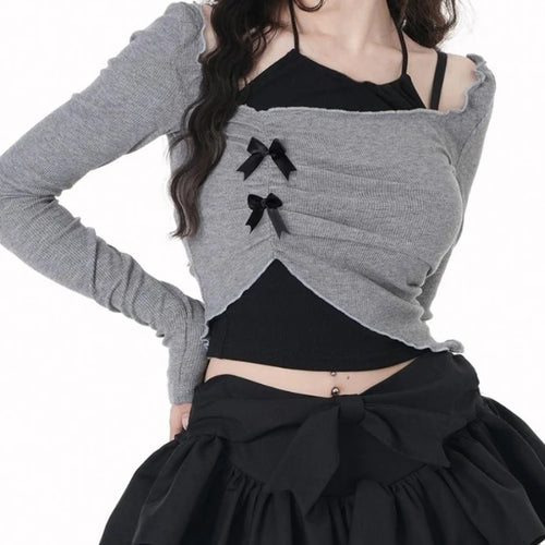 Load image into Gallery viewer, 2025 Autumn New Slim Two Pieces Set Women Grunge Knitted Pleated Bow Tops + Sleeveless Halter Solid Vest Y2k Aesthetic Fashion
