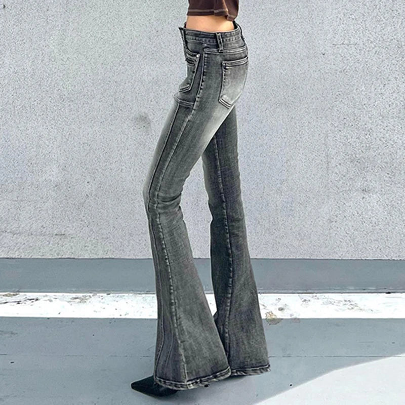 Vintage Y2K Aesthetic Low Rise Flare Jeans Female Distressed Chic Harajuku Skinny Denim Pants Boot Cut Pockets Capris