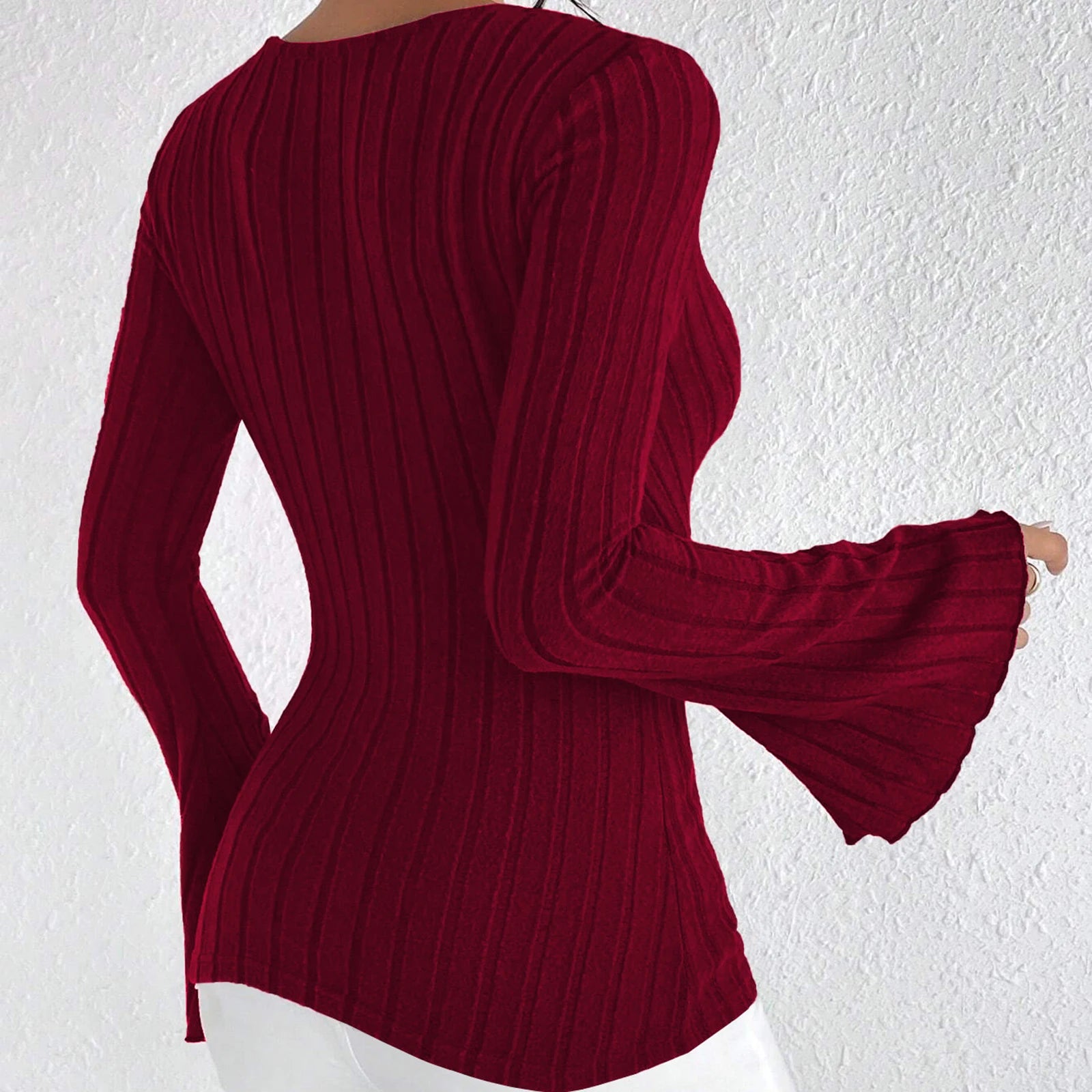 y2k Knitted T Shirts Sexy Women Clothes Solid Color Deep V Neck Flared Long Sleeve Ribbed Tops Clothing Club Streetwear