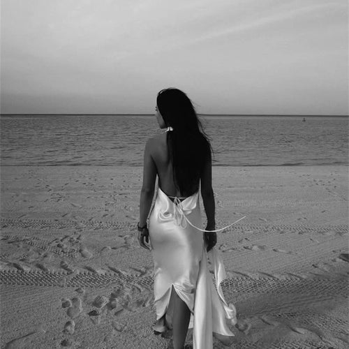 Load image into Gallery viewer, Satin Deep V Neck Backless Sexy Maxi Dress Women Elegant Halter Sleeveless Lace-up High Waist Draped Ruched Long Dress
