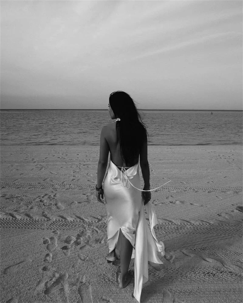 Satin Deep V Neck Backless Sexy Maxi Dress Women Elegant Halter Sleeveless Lace-up High Waist Draped Ruched Long Dress