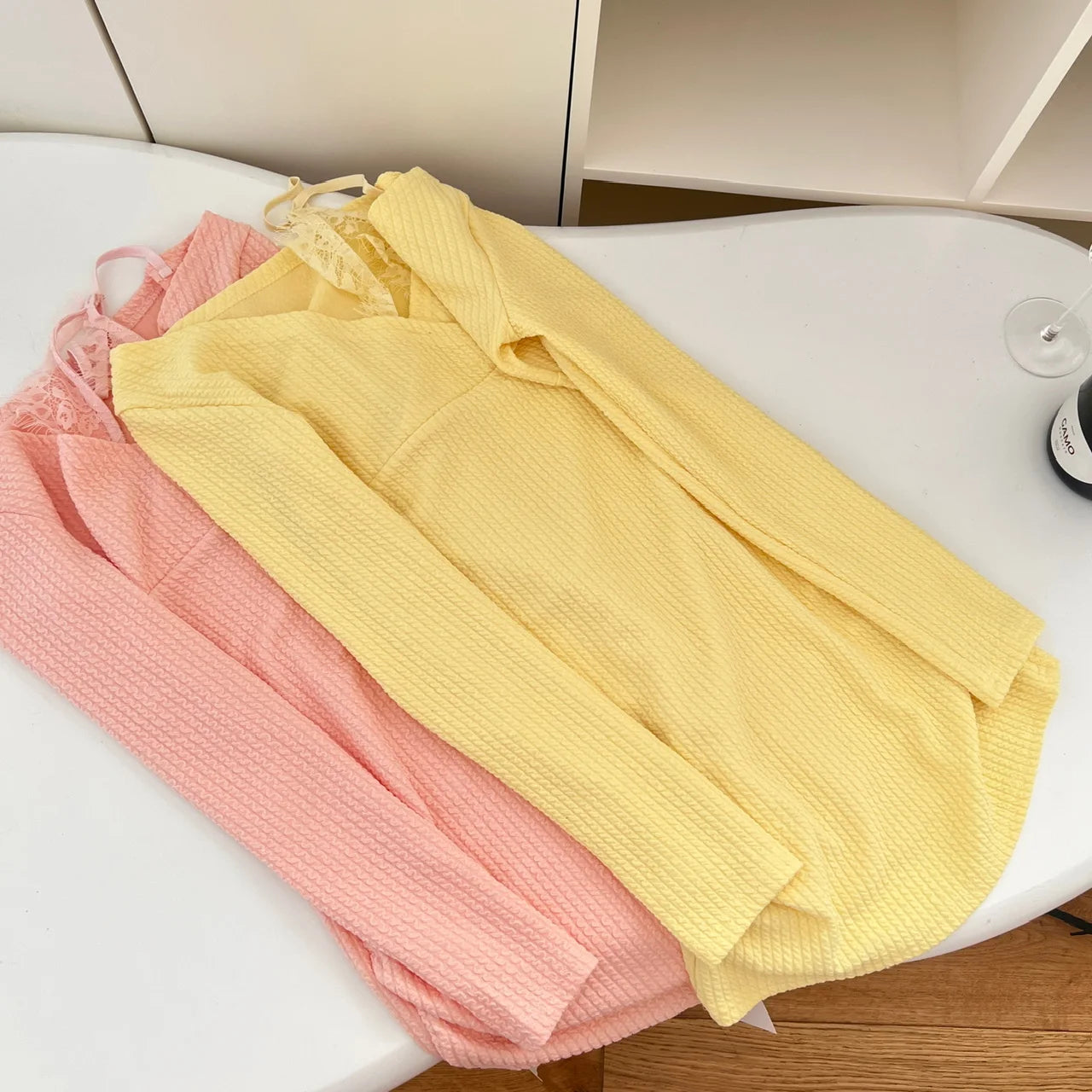 Korean Fashion Yellow Lace Elegant Office Lady Slim Mini Dress Women's Autumn New Pink Temperament Long Sleeves Short Dress Chic