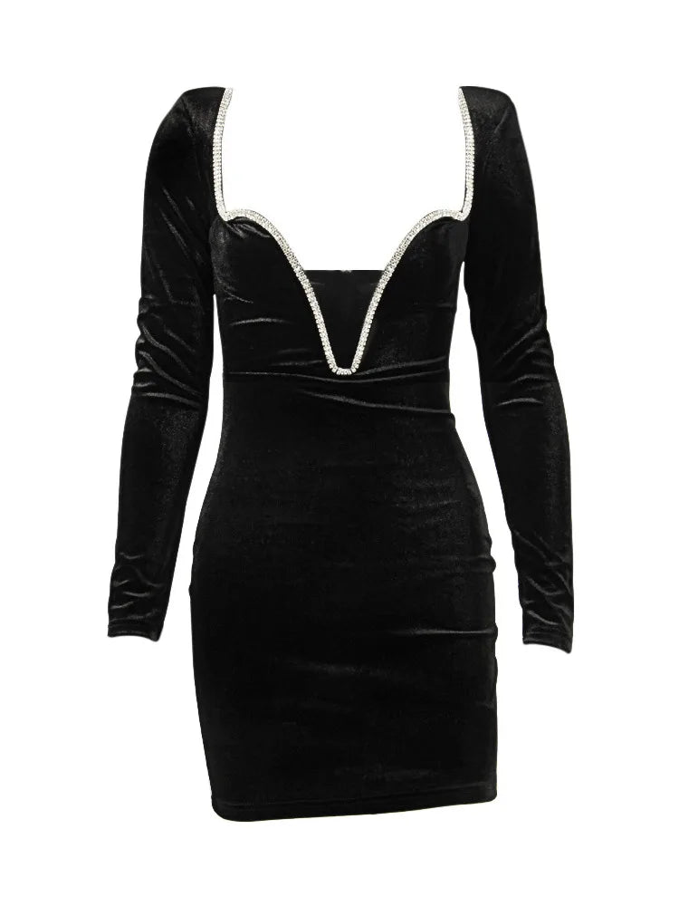 Sexy Deep V Wrapped Hip Velvet Backless Women's Dress Long Sleeve High Waist Temperament Mini Dress  Party Club Clothing