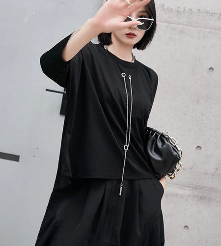 Women Black Zipper Metal Chain Big Size Casual T-shirt New Round Neck Long Sleeve Fashion Tide Spring Autumn 2025 1DF4693