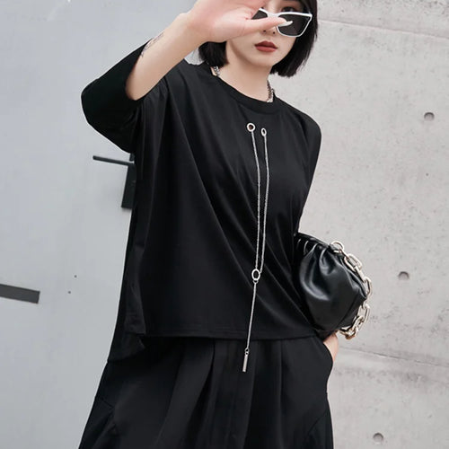 Load image into Gallery viewer, Women Black Zipper Metal Chain Big Size Casual T-shirt New Round Neck Long Sleeve Fashion Tide Spring Autumn 2025 1DF4693
