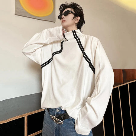 Ribbon Decoration Men's Tops Mock Neck Long Sleeve Contrast Color Simple Casual Male Pullover Trendy Autumn 9C3999