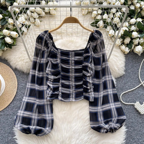 Load image into Gallery viewer, French Woman Plaid Long Sleeve Shirt Autumn Square Collar Slim Ladies Print Blouse Fashion Vintage Backless Short Pleated Tops
