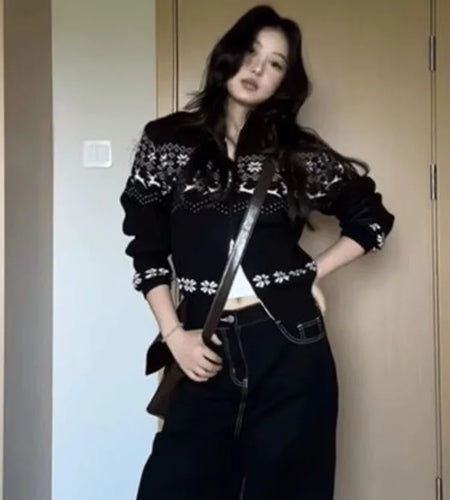 Streetwear Women Double Zipper Vintage Print Knitwear Slim Harajuku Casual Grunge Sweater Female Y2k Aesthetic Knitted Cardigans