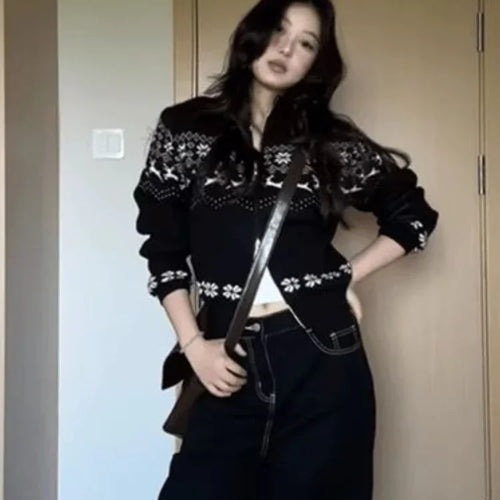 Load image into Gallery viewer, Streetwear Women Double Zipper Vintage Print Knitwear Slim Harajuku Casual Grunge Sweater Female Y2k Aesthetic Knitted Cardigans
