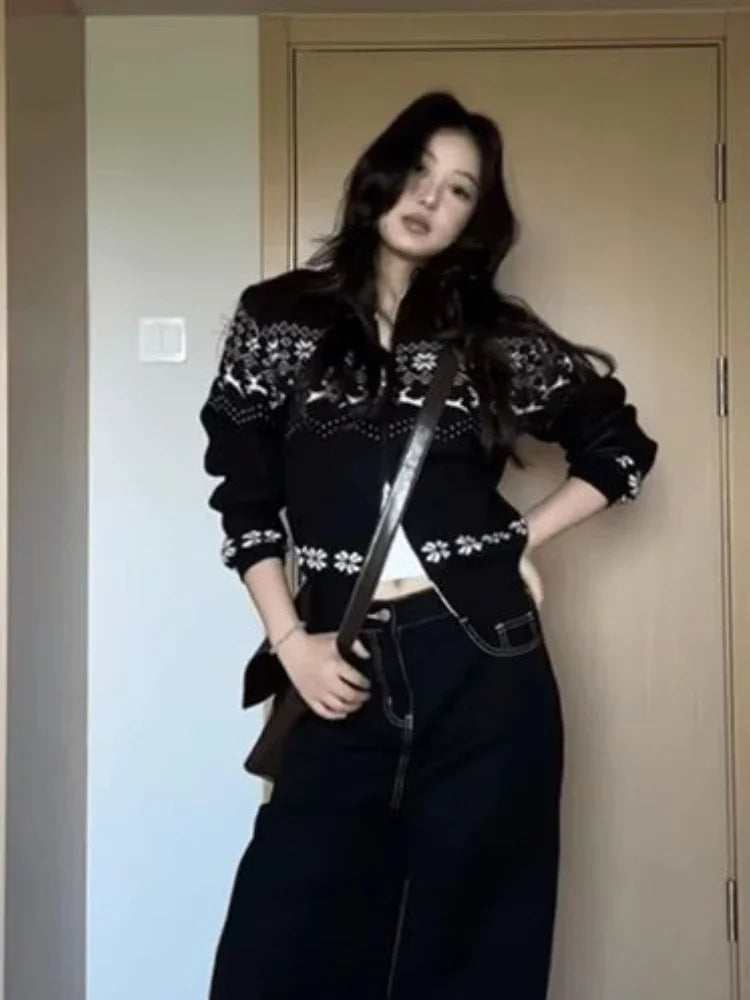 Streetwear Women Double Zipper Vintage Print Knitwear Slim Harajuku Casual Grunge Sweater Female Y2k Aesthetic Knitted Cardigans