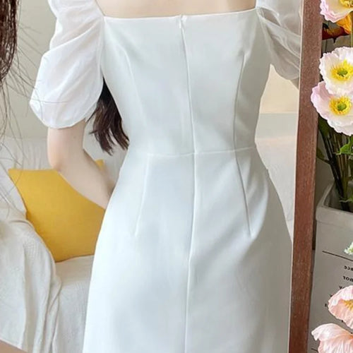 Load image into Gallery viewer, Sexy Lace Mesh White Dress Women Summer Elegant Evening Party Puff Sleeve Short Dresses Sundress Square Collar
