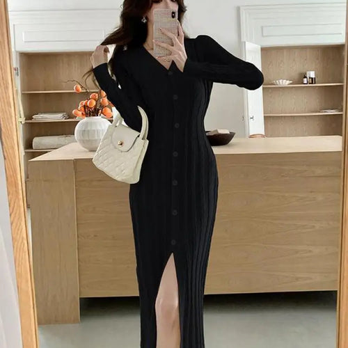 Load image into Gallery viewer, Autumn Winter French Black Long Sleeves Festival Knitted Dress Women's Elegant V Neck Single Breasted Wrap Hip Split Dress Trend
