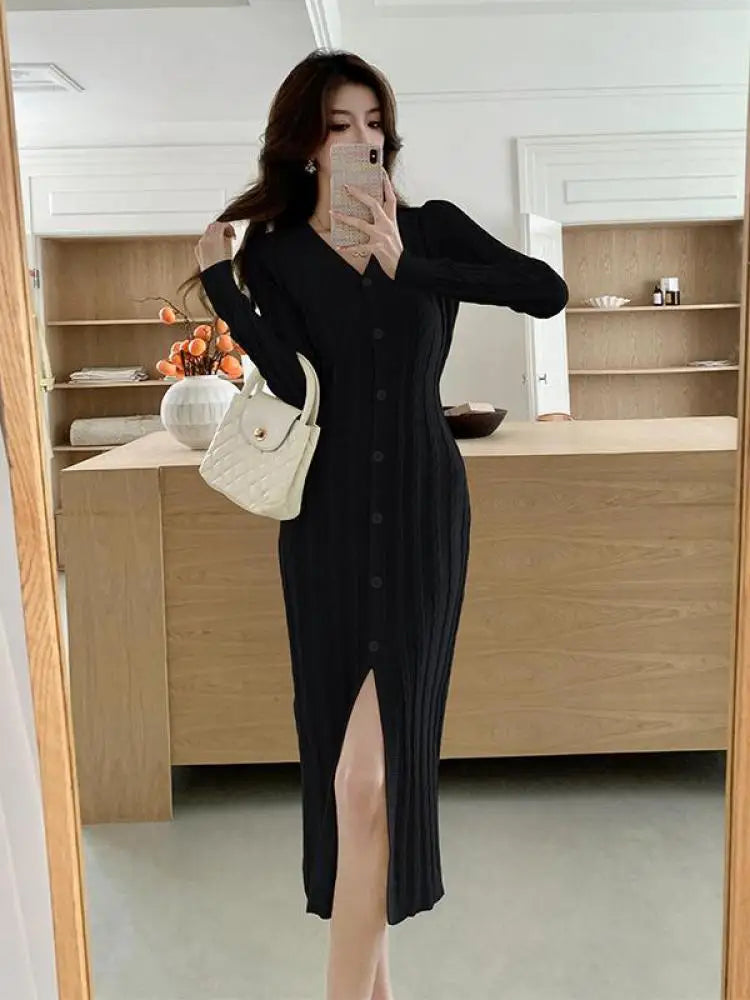 Autumn Winter French Black Long Sleeves Festival Knitted Dress Women's Elegant V Neck Single Breasted Wrap Hip Split Dress Trend