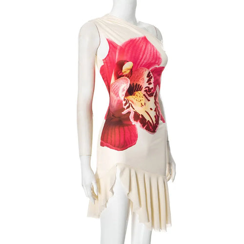 Load image into Gallery viewer, Skew Collar Ruffled Print Sexy Mini Dress For Women Off-shoulder Sleeveless Backless High Waist Printed Dress Vestido
