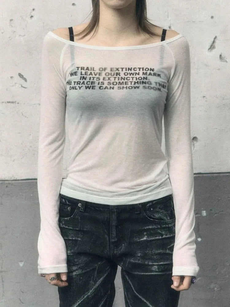 Y2k Aesthetic Vintage Letter Print Tshirts Women Harajuku Gothic Punk Basic T-shirt 2025 Streetwear Slim Bottoming Tees Femme