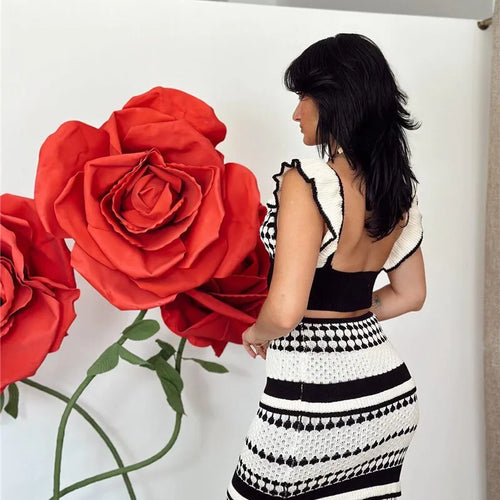 Load image into Gallery viewer, Striped Knit Two Piece Sets Women V Neck Sleeveless Crop Tops And Maxi Skirt Matching Sets Ladies Knit Skirt Sets
