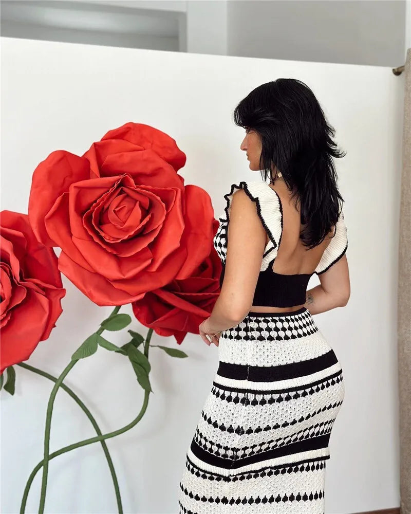 Striped Knit Two Piece Sets Women V Neck Sleeveless Crop Tops And Maxi Skirt Matching Sets Ladies Knit Skirt Sets