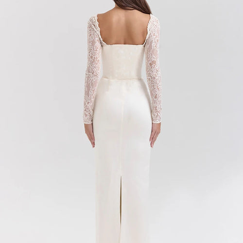 Load image into Gallery viewer, Lace Long Sleeve Sexy Maxi Dress For Women White Square Collar Backless Back Split Bodycon Club Party Long Dress
