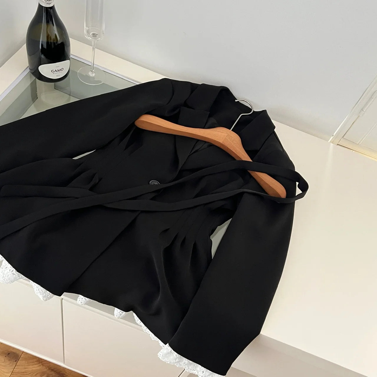 Vintage French New Women Black Patchwork Lace Single Breasted Bandage Blazer Jacket Autumn Winter Sweet Temperament Tops Fashion