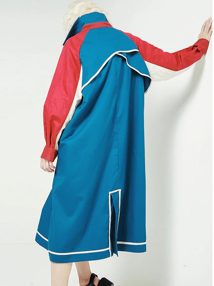Women Blue Color-block Big Size Long Trench New Lapel Long Sleeve Loose Fit Windbreaker Fashion Spring Autumn 2025 1DE7767