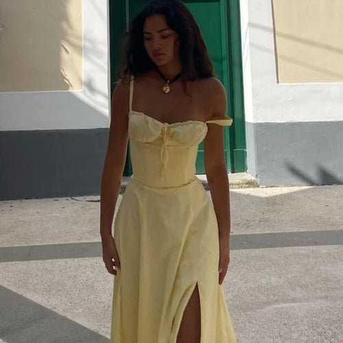 Load image into Gallery viewer, Full Lining Elegant Lace Up Holiday Party Dresses Midi Sexy Spaghetti Strap Split Dress White Summer Dress Women 2023
