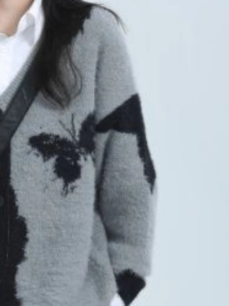 Y2k Aesthetic Butterfly Jacquard Knitted Cardigan Women Vintage Single Breasted Jacket Harajuku Loose Sweater Coat Streetwear