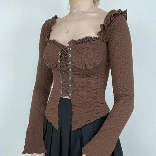 Load image into Gallery viewer, French Chic Vintage T shirt Women Clothing Square Neck Ruffles Shirred Autumn Top Shirt Lace Up Fashion Corset Party
