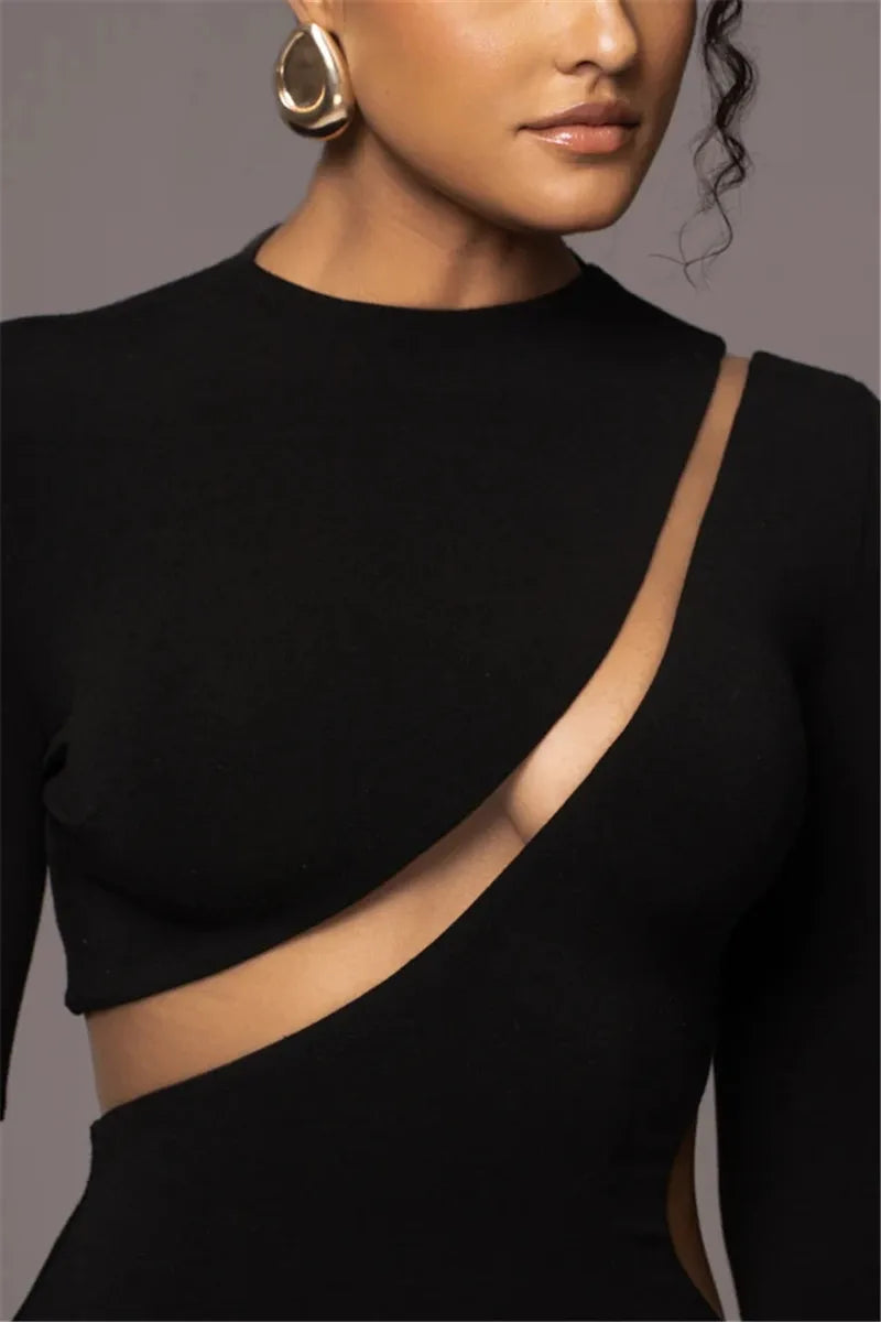 Turtleneck Long Sleeve Bodycon Maxi Dress For Women Autumn New Patchwork Hollow Out Club Party Sexy Long Dress Vestidos