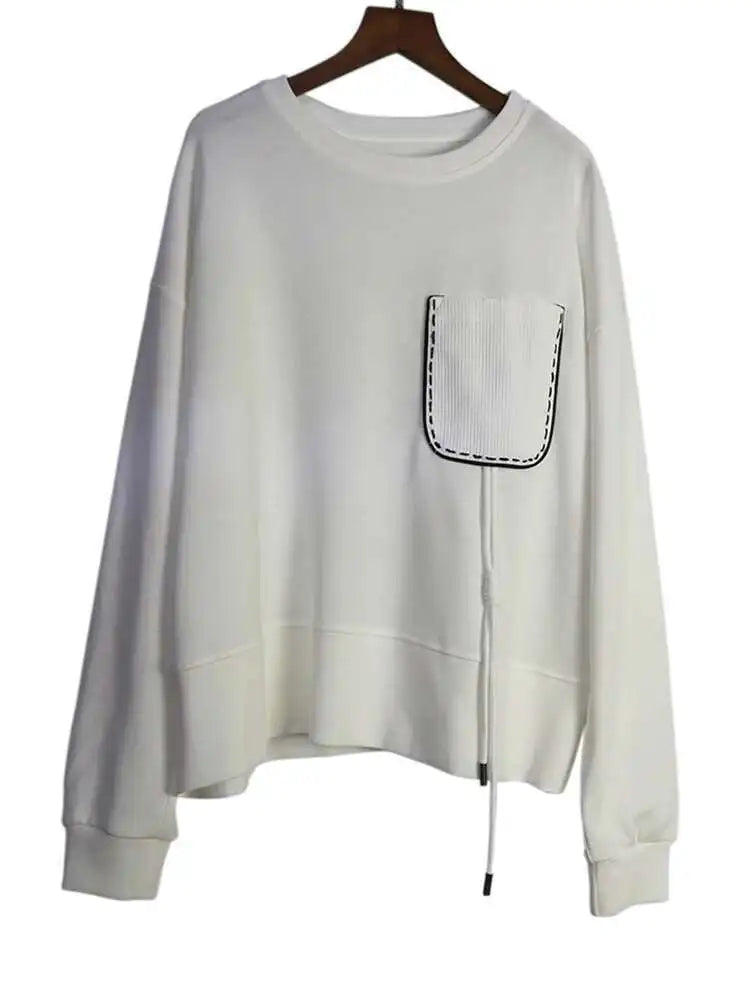 Black Topstitched Pocket Sweatshirt New Round Neck Long Sleeve Women Big Size Fashion Tide Spring Autumn 2025 1DJ0625