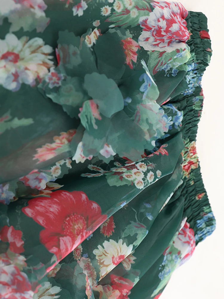 High Elastic Waist Red Flower Printed Organza Ball Gown Half-body Skirt Women Fashion Tide New Spring Autumn 2025 1DJ1139