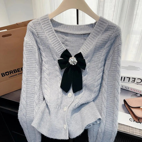 Load image into Gallery viewer, Autumn Winter French Solid Elegant V Neck Bow Single Breasted Short Sweater Women New Long Sleeved Slim Knitted Tops 2024 Trendy
