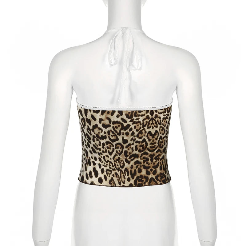 Vintage Y2K Leopard Lace Trim Sexy Top Camisole Short Backless 90s Aesthetic Appliques Frill Halter Top Summer Kawaii
