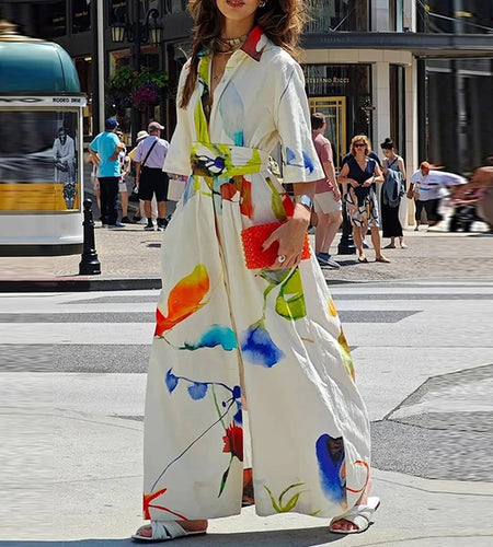 Women's Casual Elegant Dress Summer 2025 Spring  Half Sleeve Button Down Tie Waist Printed Maxi Shirt Dress Fit Daily