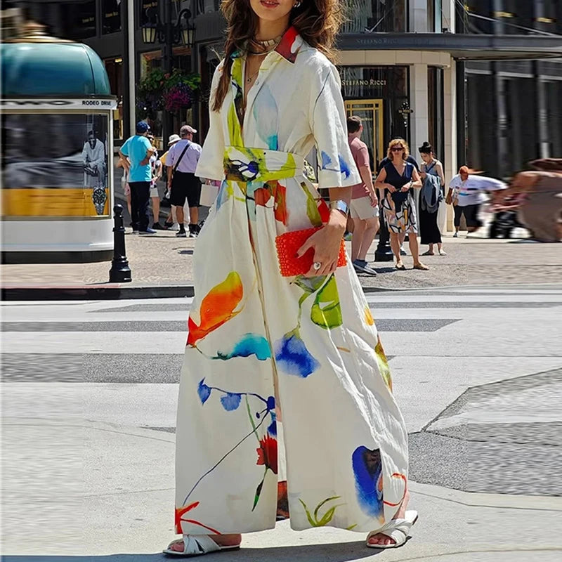Women's Casual Elegant Dress Summer 2025 Spring  Half Sleeve Button Down Tie Waist Printed Maxi Shirt Dress Fit Daily