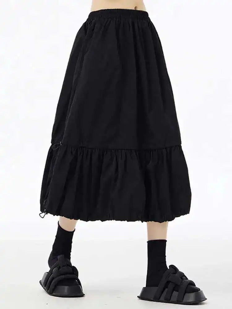 High Elastic Waist Black Drawstring Pleated A-line Half-body Skirt Women Fashion Tide New Spring Autumn 2025 1DH6607