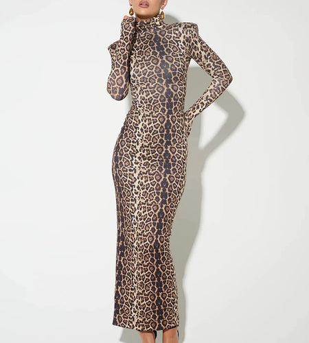 Leopard Print Long Sleeve Sexy Maxi Dress For Women Autumn Winter Fashion Elegant Turtleneck Printed Bodycon Long Dress