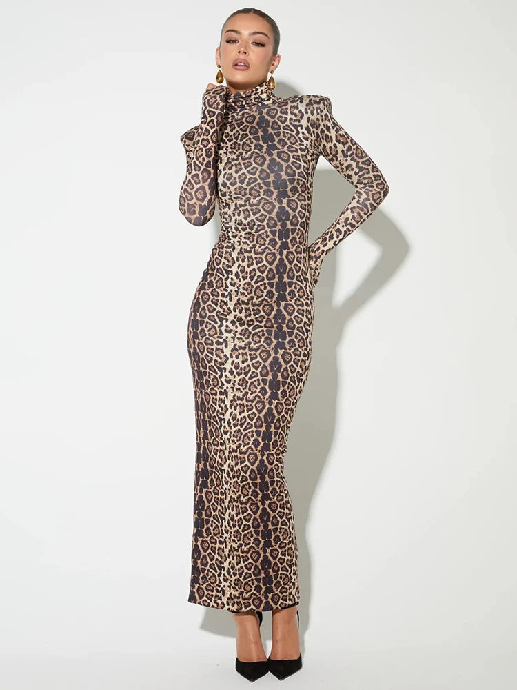 Leopard Print Long Sleeve Sexy Maxi Dress For Women Autumn Winter Fashion Elegant Turtleneck Printed Bodycon Long Dress