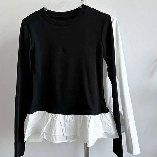 Load image into Gallery viewer, Women Black Ruffles Hem Color-block Slim Elegant T-shirt New Round Neck Long Sleeve Fashion Spring Autumn 2025 1DJ0095
