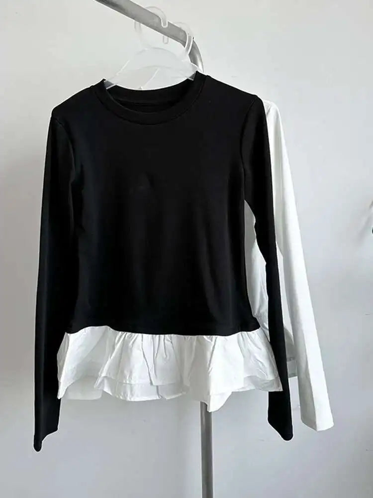 Women Black Ruffles Hem Color-block Slim Elegant T-shirt New Round Neck Long Sleeve Fashion Spring Autumn 2025 1DJ0095