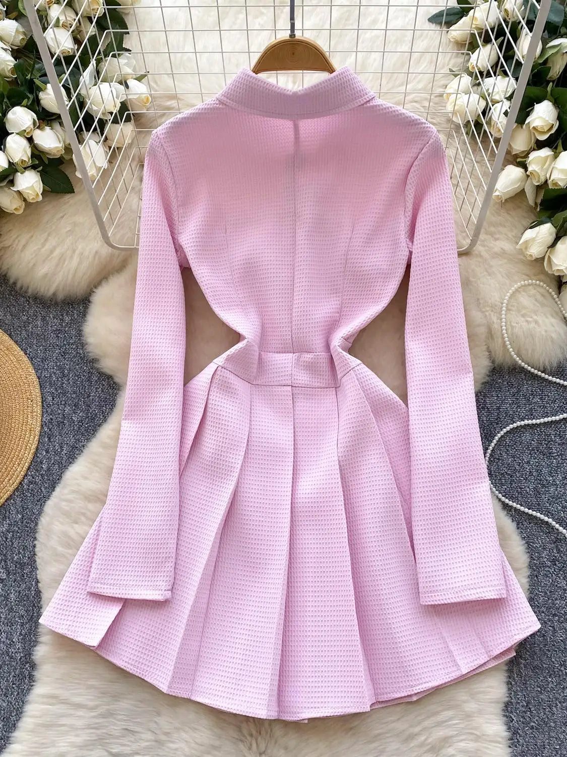 Spring Autumn 2025 New Women Fashion Black White Elegant Long Sleeved Short Dress Vintage Pink Single Breasted Party Dress Trend