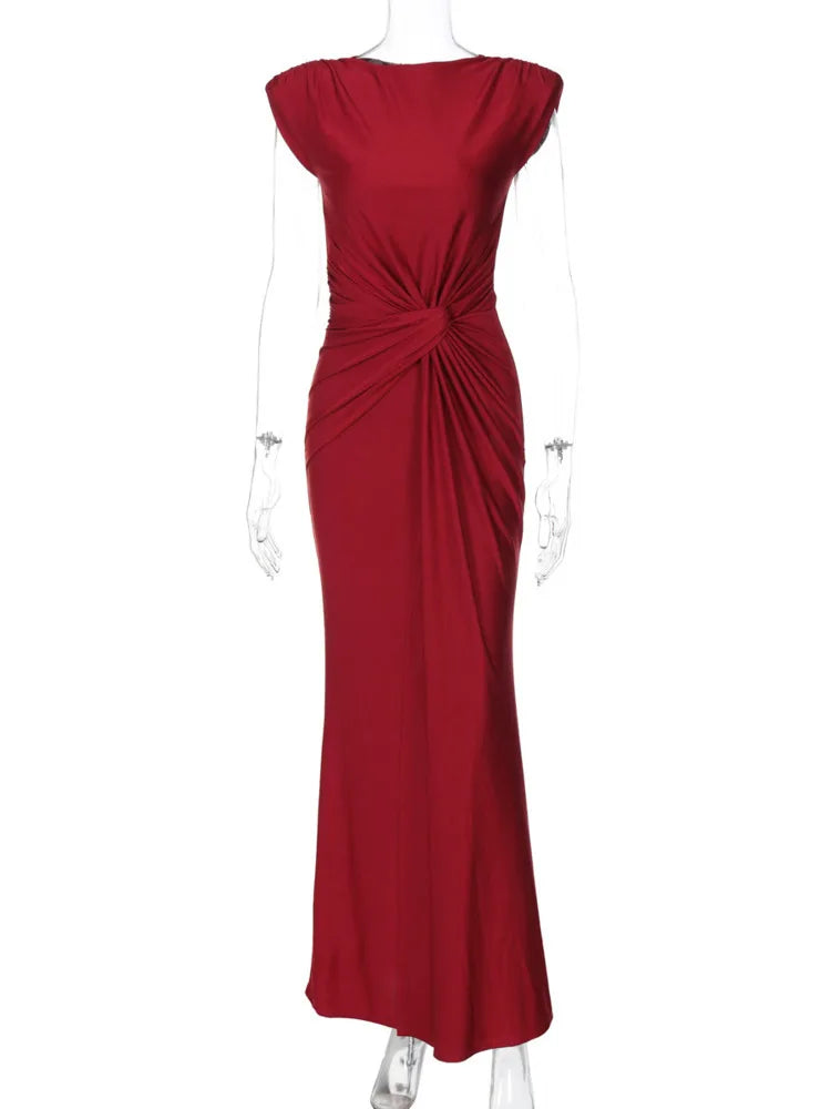 Sleeveless Ruched Sexy Maxi Dress For Women Gown Fashion Solid O Neck High Waist Bodycon Club Long Dress Vestido