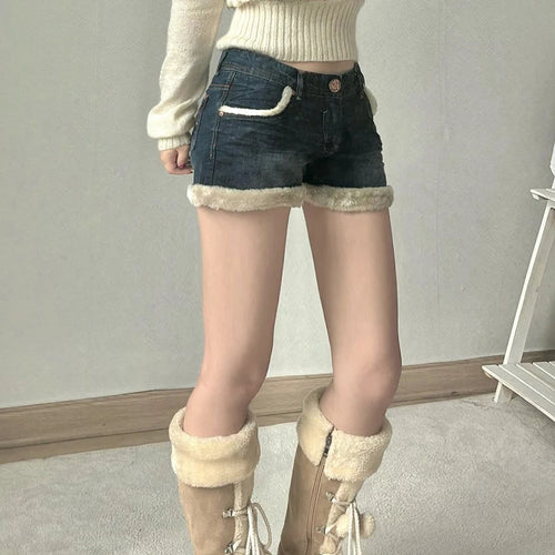 Load image into Gallery viewer, Faux Fur Trim Patchwork Denim Shorts Y2K Aesthetics Hotsweet Winter Pocket Button Cute Short Pants Korean Bottoms New
