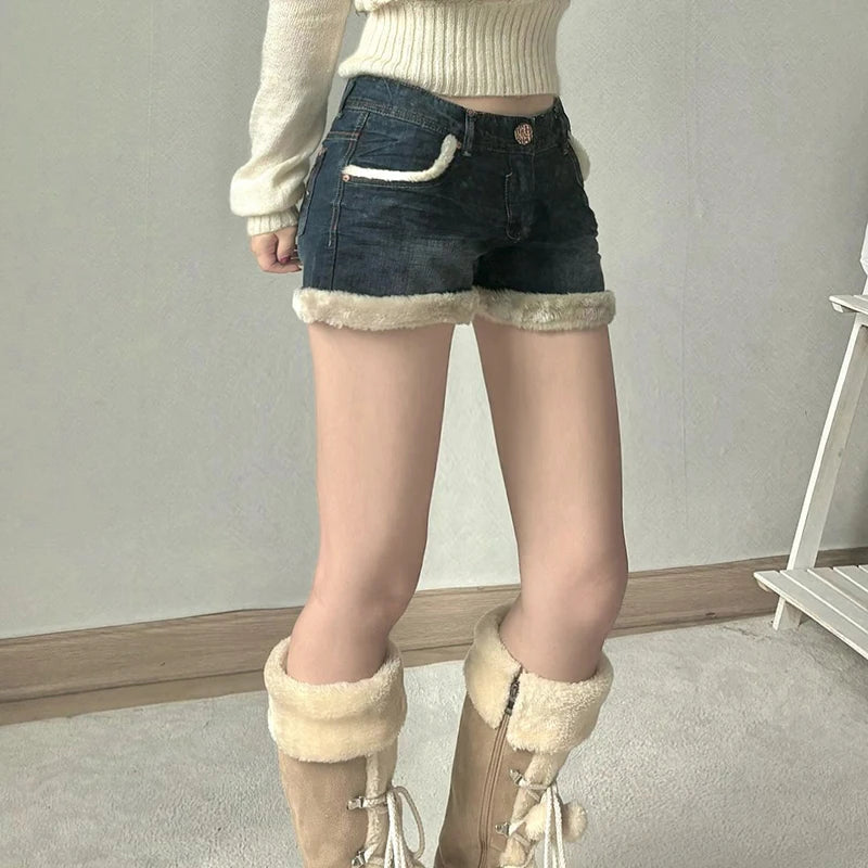 Faux Fur Trim Patchwork Denim Shorts Y2K Aesthetics Hotsweet Winter Pocket Button Cute Short Pants Korean Bottoms New
