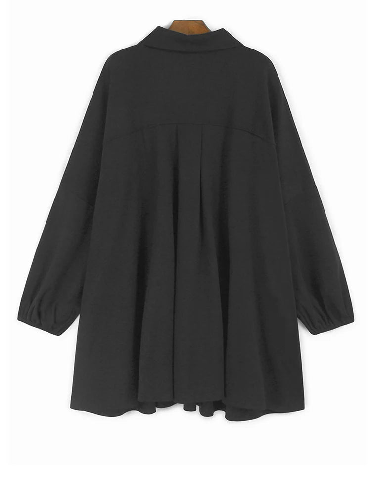 Women Black Pleated Hollow Out Big Size Elegant Mini Dress New V-Neck Long Sleeve Fashion Tide Spring Autumn 2025 1DH9549