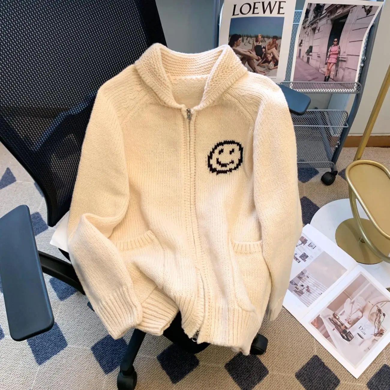 Korean Beige Smiling Face Patchwork Zipper Sweater Women's 2024 Autumn Winter New Long Sleeve Cardigan Knit Tops Fashion Popular